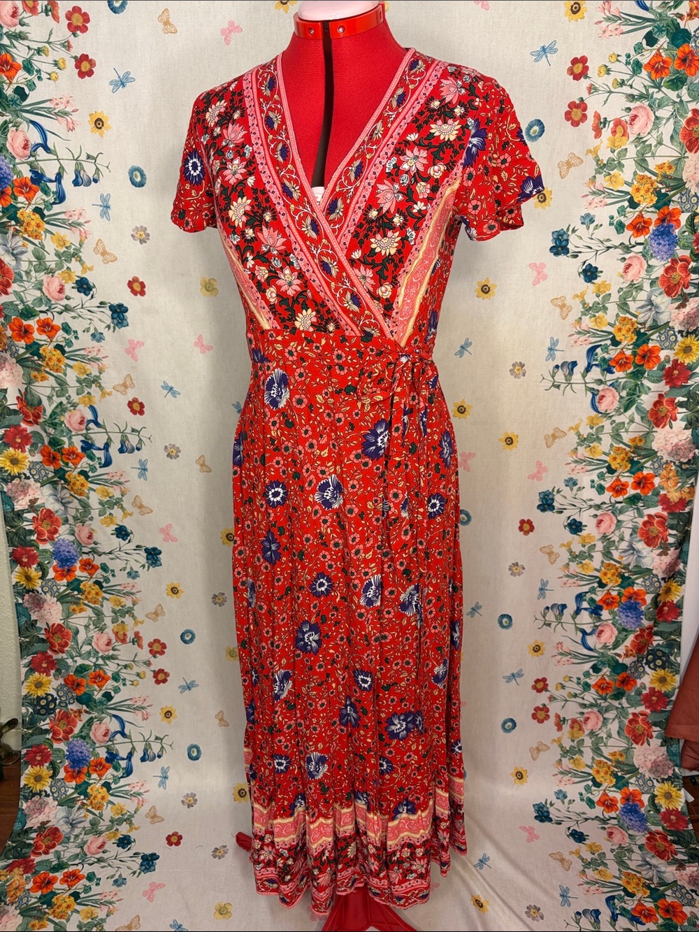 Zesica- Boho Red Floral Wrap Maxi Dress with Tie Waist - Easy to wear!